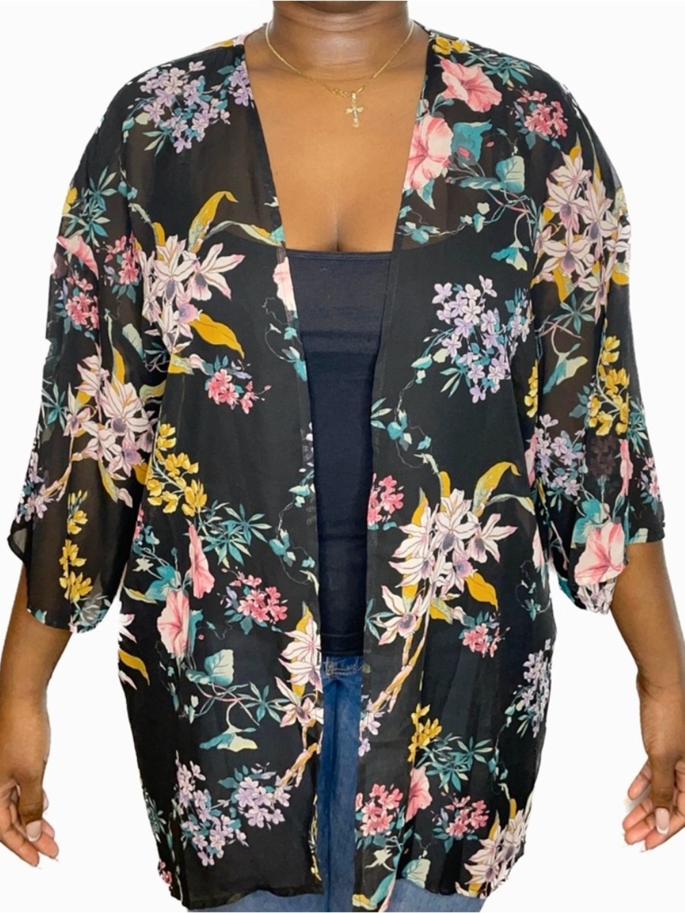 H&M Divided Floral Kimono Cardigan Black Sheer Open Front